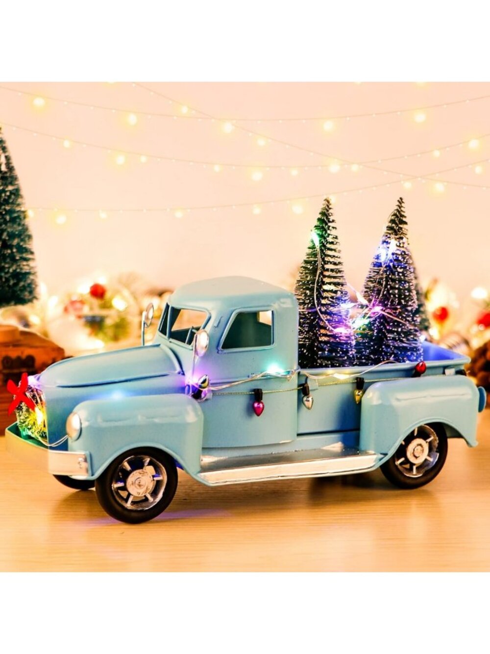 Vintage Blue Metal Truck Decor with LED Lights, Mini Christmas Trees & Ornaments
